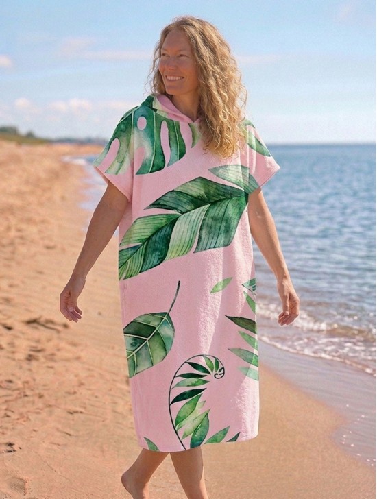 Tropical Leaves Print Hoodie Robe